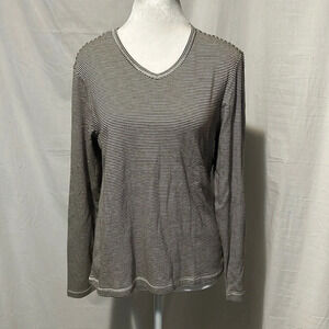 women's black & white striped v neck LL Bean long sleeve shirt size small